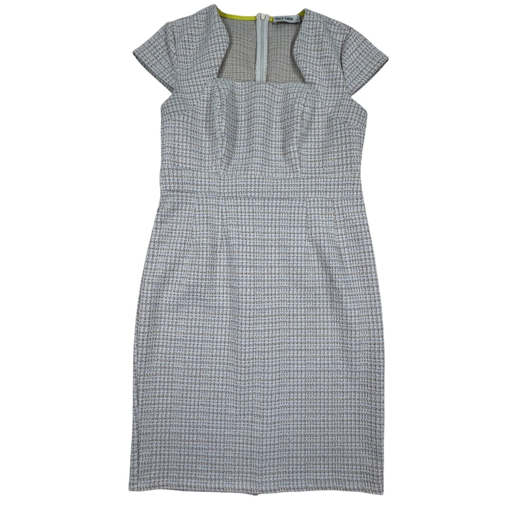 Grace Karin Women Dress‎ Sheath Gray Tweed Metallic Cap Sleeve Large